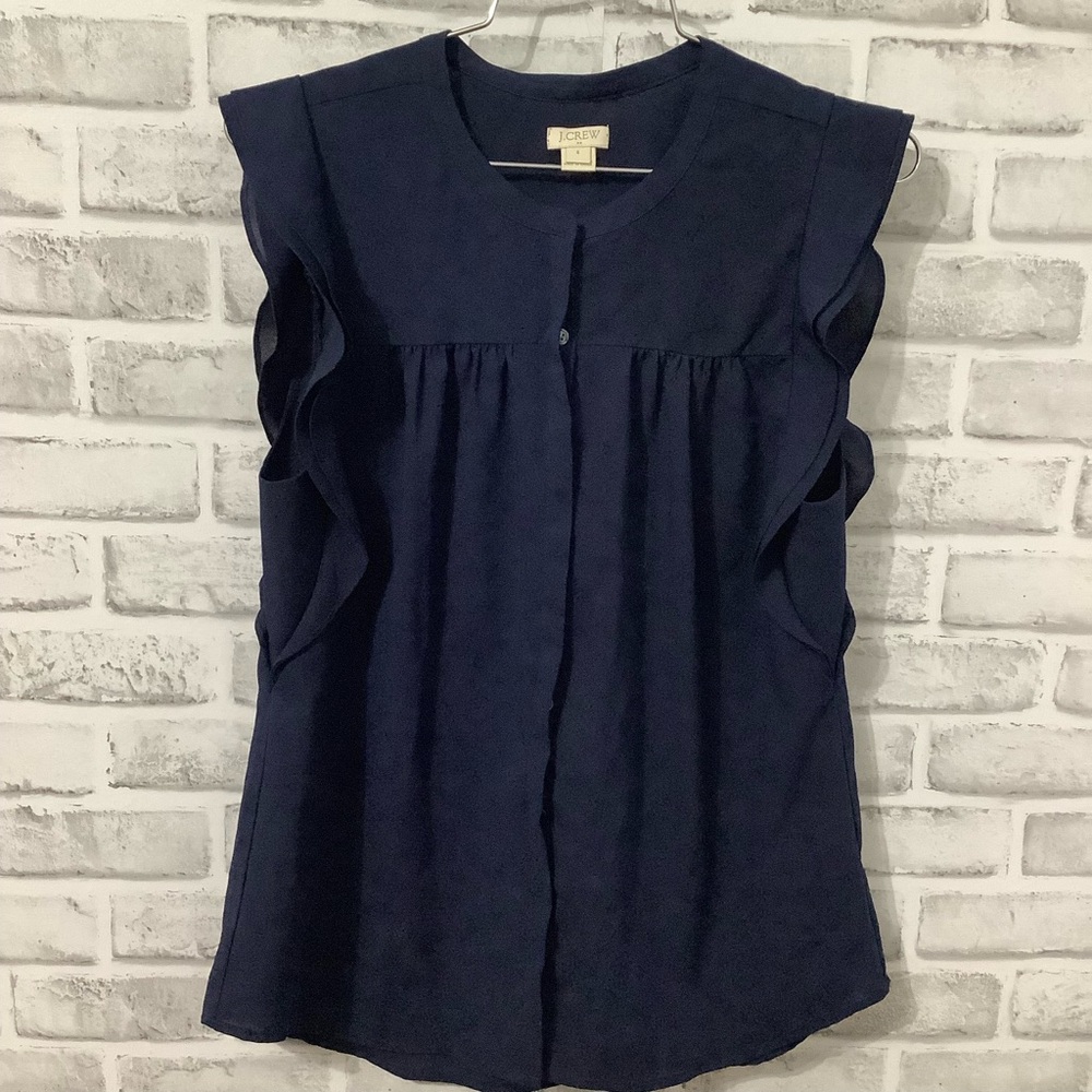 J. Crew Dark Blue Ruffle Sleeve Blouse Size 6 (W187)